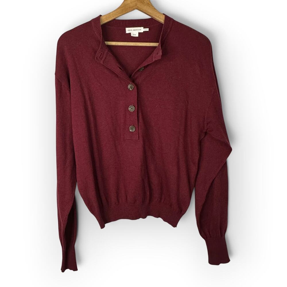 Good American Henley Sweater S/M Wine Red Ribbed Knit Quiet Luxury Pullover